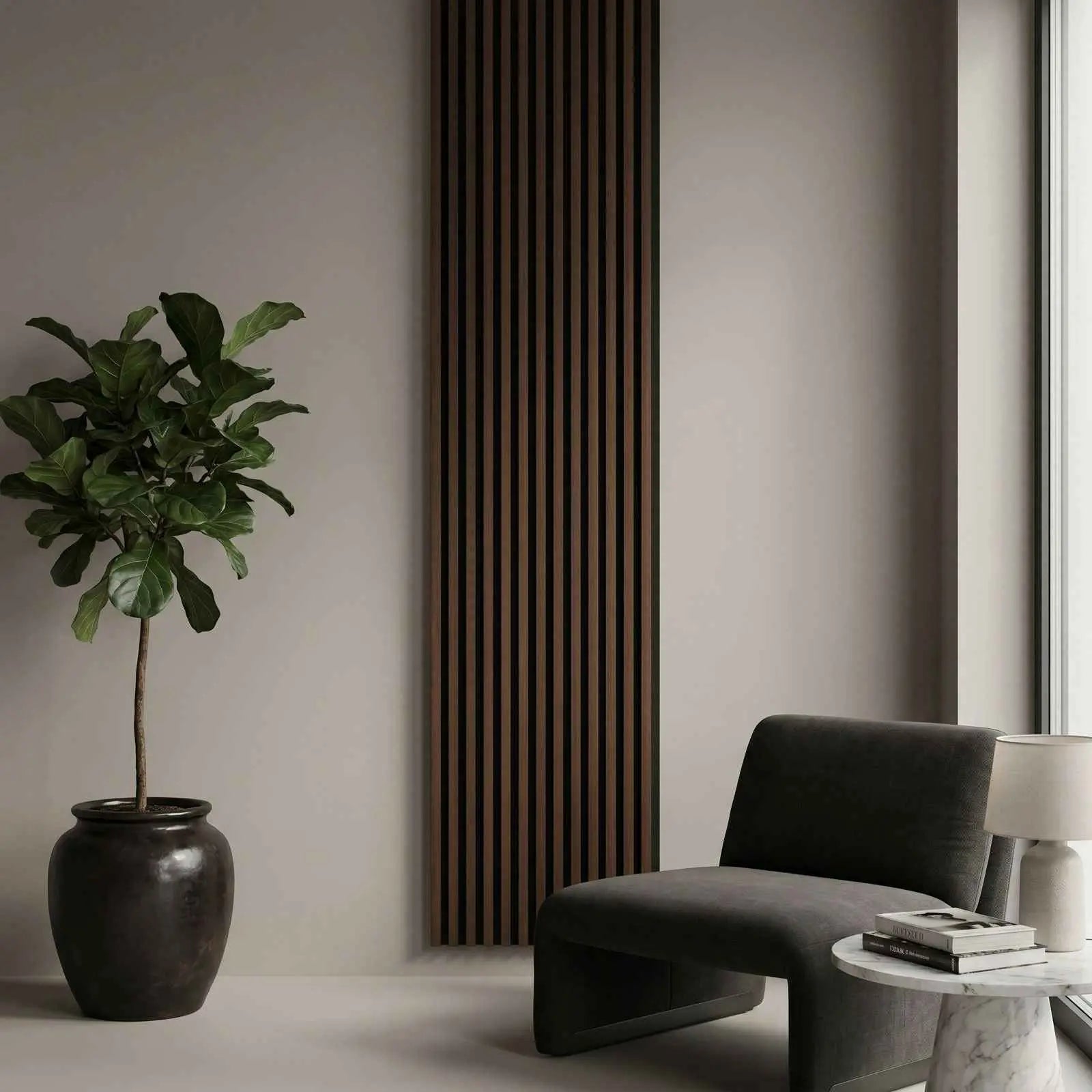 Sooty Oak wandpaneel toegepast in modern en licht interieur